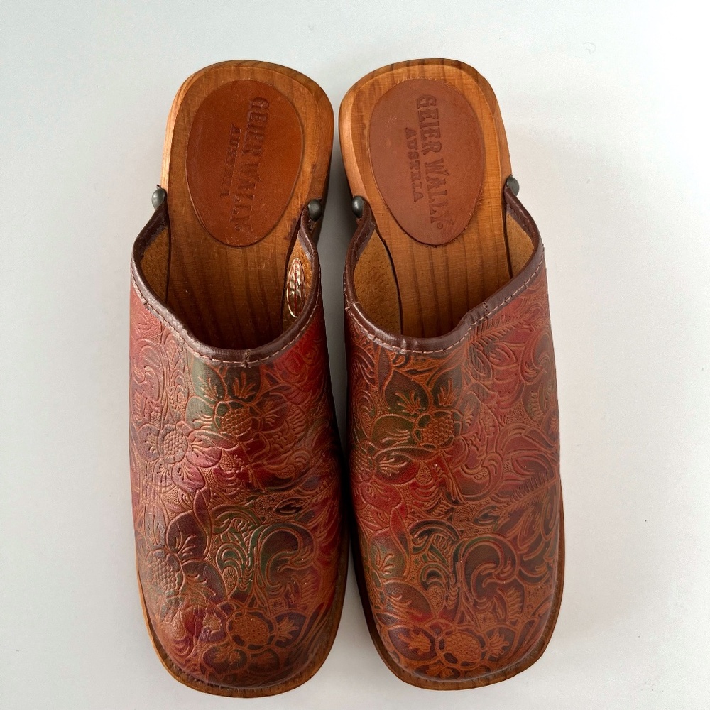 Geier Wally Austria Multicolored Tooled Leather Slip On Mule Clog size 39